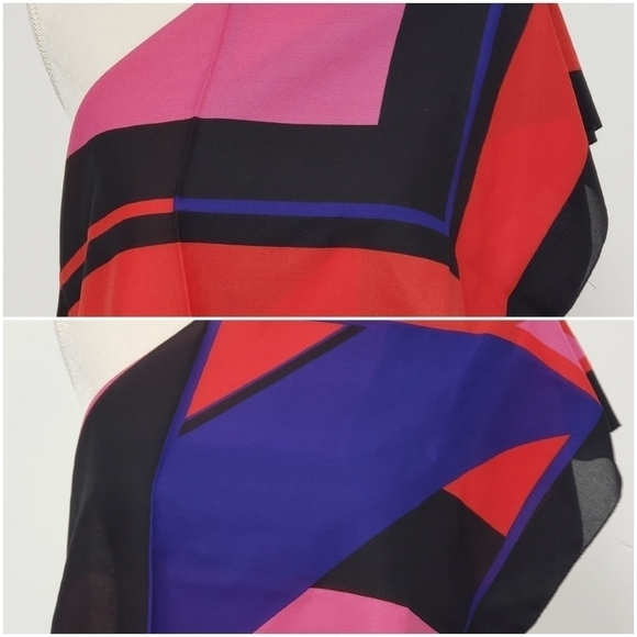 COLOR Block Scarf 26.5"x27 Red Black Pink Royal Blue Italy Polyester Like New! - Picture 5 of 9